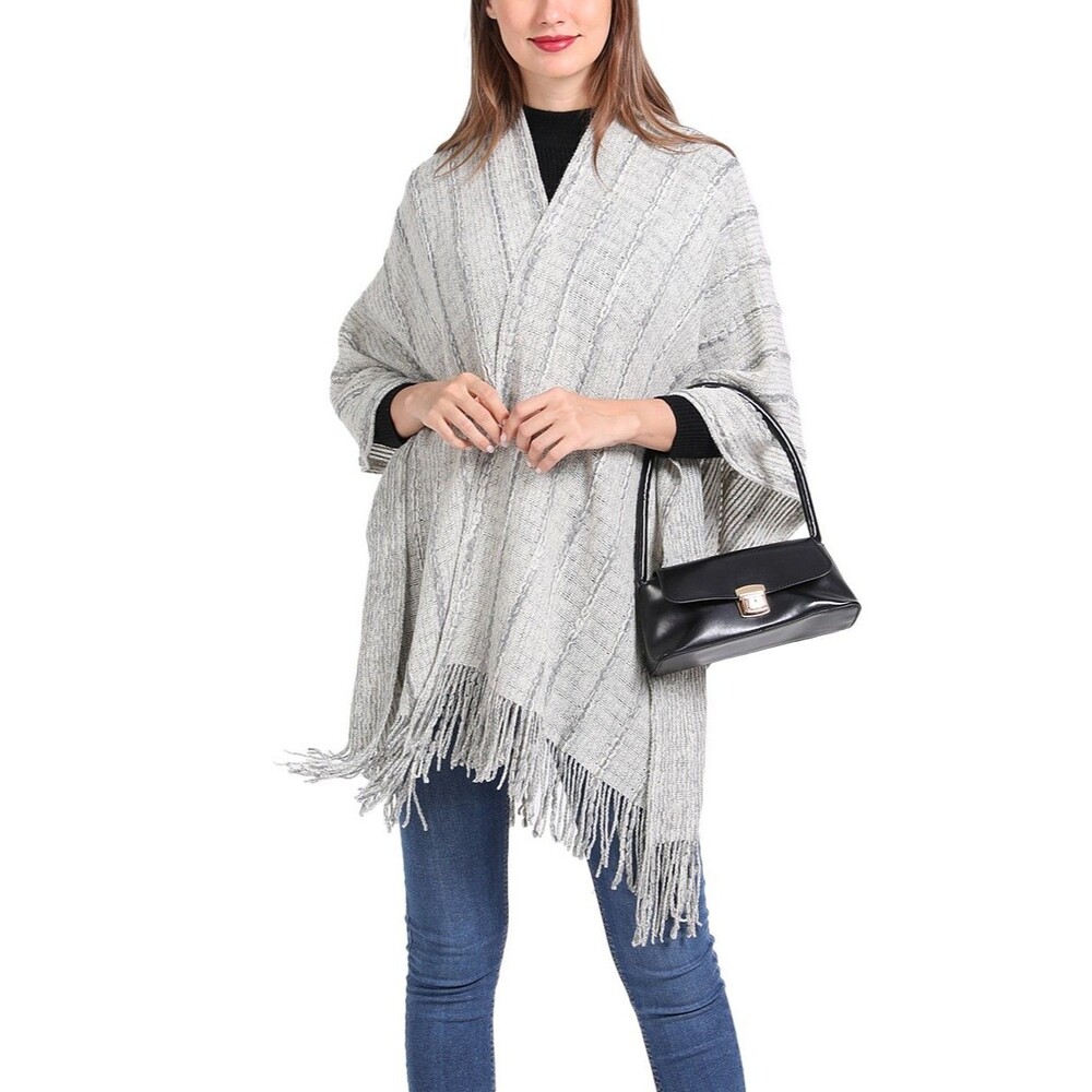 Kollie More Knitted Acrylic Wrap Shawl w/ Fringe - Gray